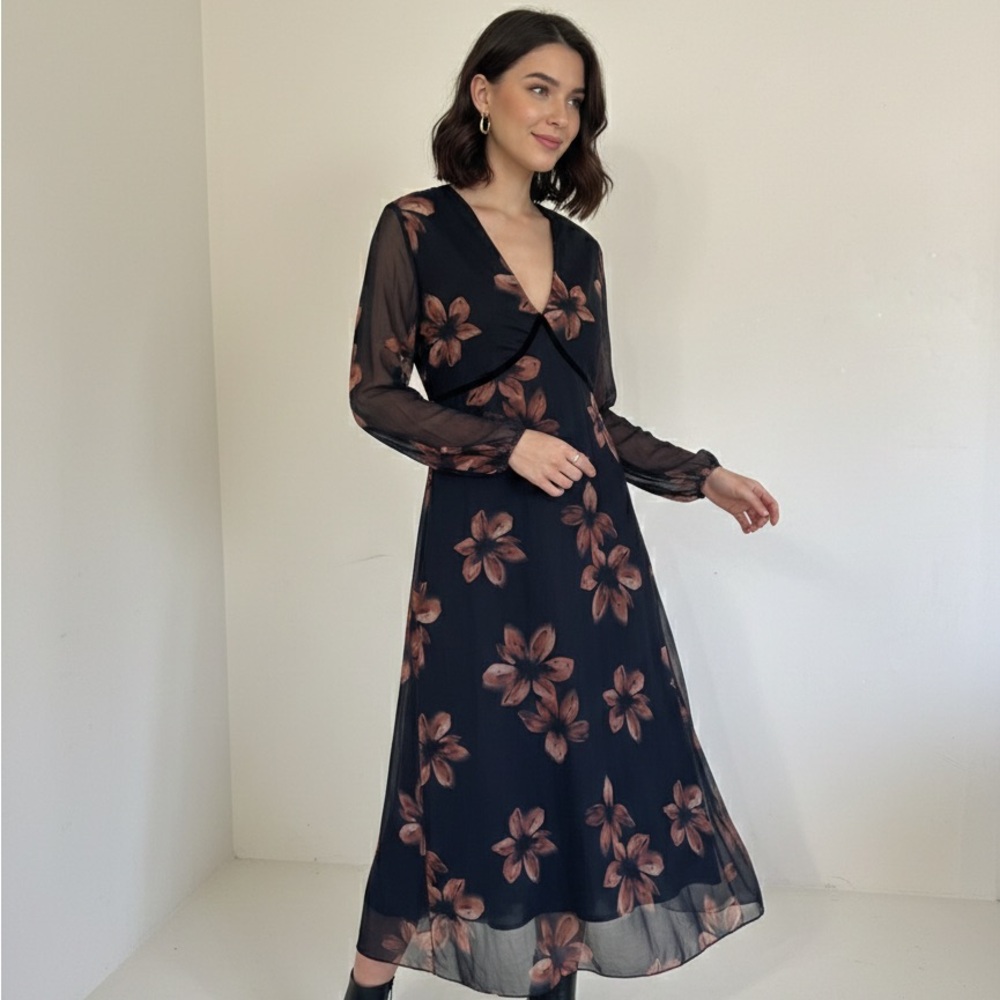 Cupshe Black Dress with Brown Floral Pattern